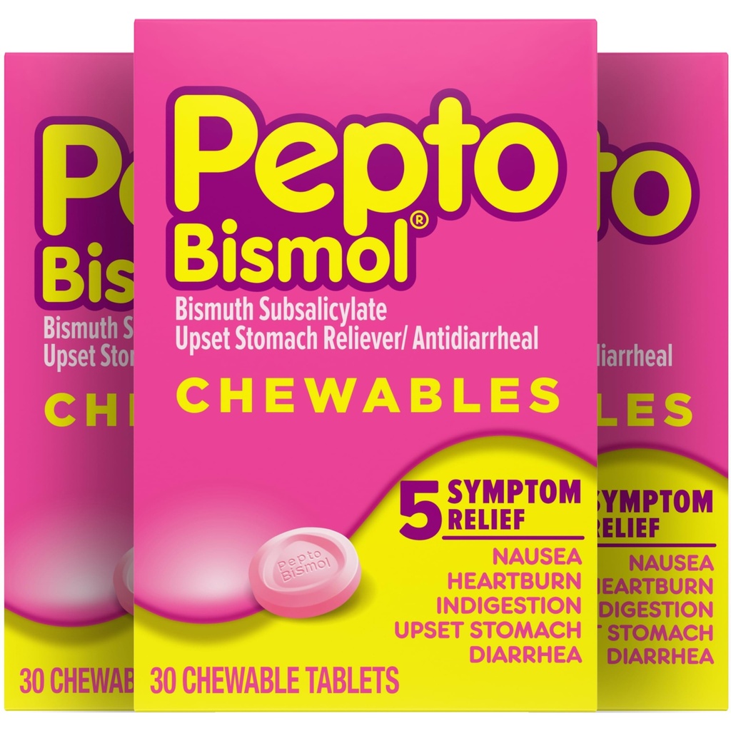 פפטו Bismol Chewable Tablet for Nausea, Heartburn, Indigestion, Upset Stomach ו- Diarrhea Relief, Original Flavor, 90 Total (3 Packs of 30)