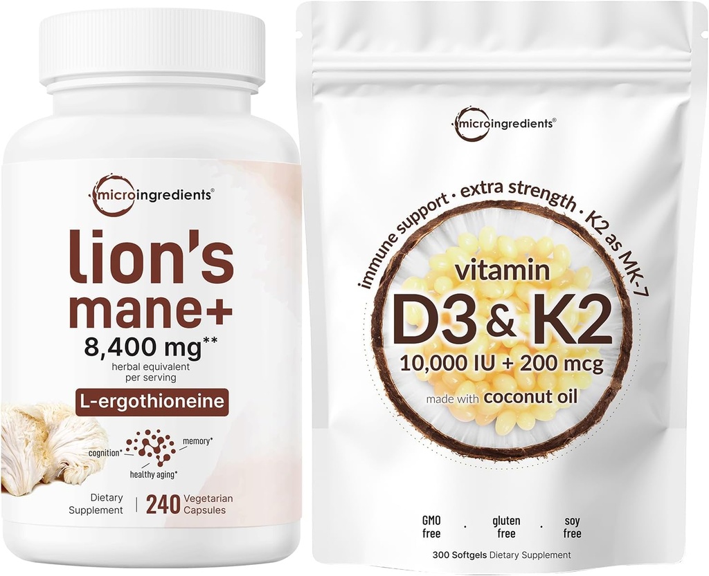 Micro Ingredients ויטמין D3 10,000o + K2 200mcg קוקוס שמן Softgels & Lions Mane תוספת 240 וggie קפסולות Bundle 2 Pack | ויטמינים חיוניים | Superfood Mushroom Antioxidants עם L-- L----Vgie