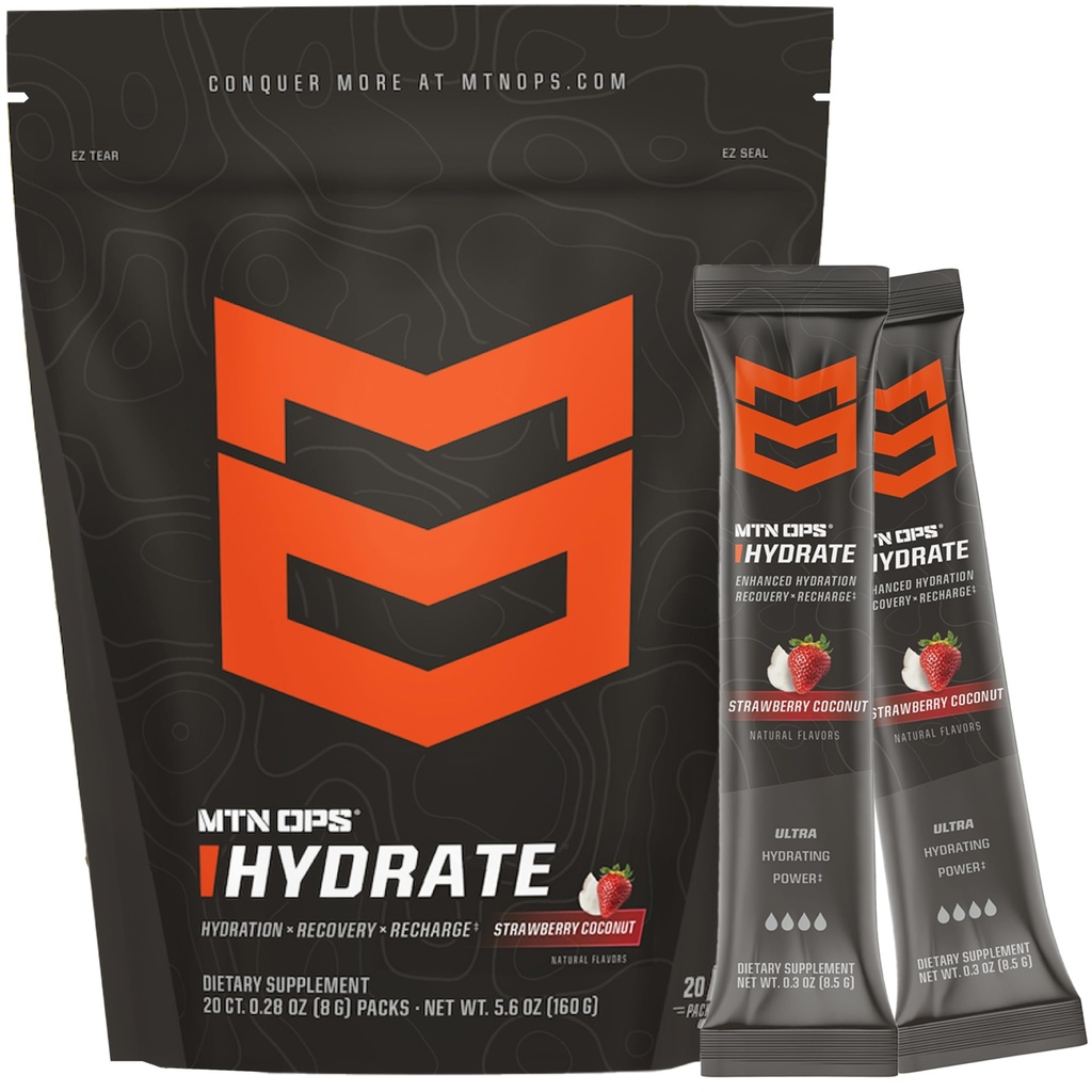 MTN OPS hydrote אבקת אלכוהול Mix, 20 לשרת יחיד On-Go Electrolyte Packs עם מעל 1000 מ"ג של אלקטרוליטים לשרת, Strawberry קוקוס