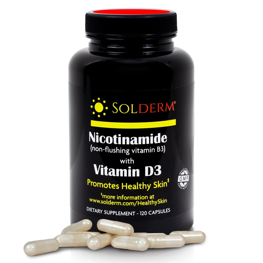 Nicotinamide non-Flushing ויטמין B3 ו- D3 תוסף | Vegetarian ו Gluten-Free Oral Nicotinamide תוספת עם ירקות Cellulose Casings | מקדם עור בריא | 60 קפסולות | 500 מ"ג