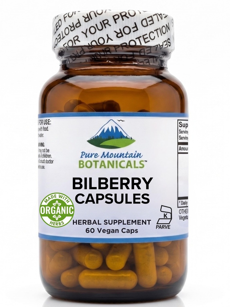 Pure Mountain הבוטנים Bilberry לחלץ תוספי מזון כשר טבעוני עם 250 מ"ג אורגני Bilberry Leaf & 50 מ"ג טפטוף