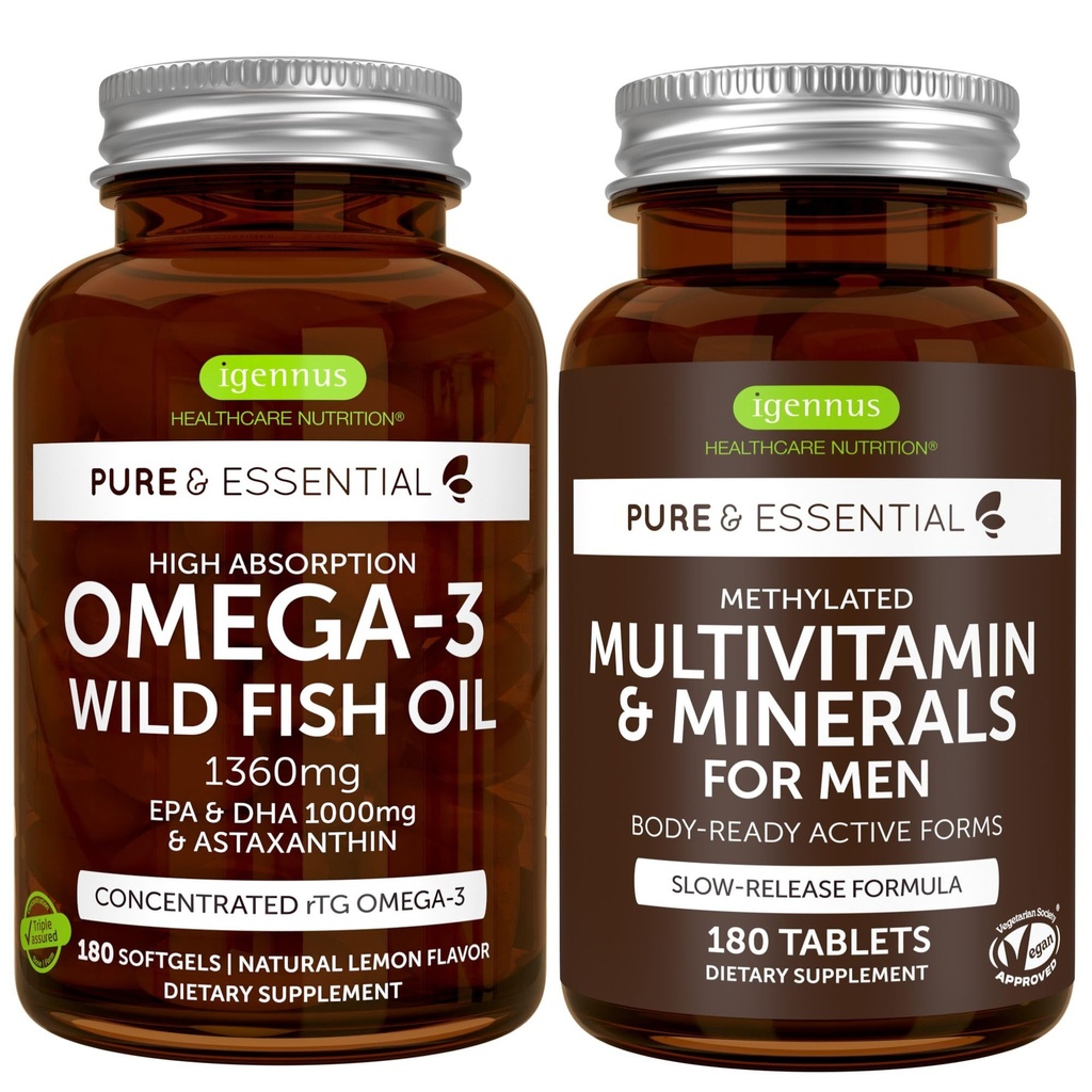 אומגה 3 שמן דגים פרוע + Methylated Men's Multivitamin Bundle, 1000mg EPA & DHA 180 Softgels + Sustained לשחרר Multivitamin 180 טבליות, על ידי Igennus