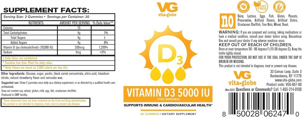 VITA GLOBE ויטמין D3 10,000IU עם Zinc ו Echinacea Gummy - תומך מערכת החיסון בריאה, עצמות חזקות, שיניים ושרירים, 120 הרוזן (2-Pack)