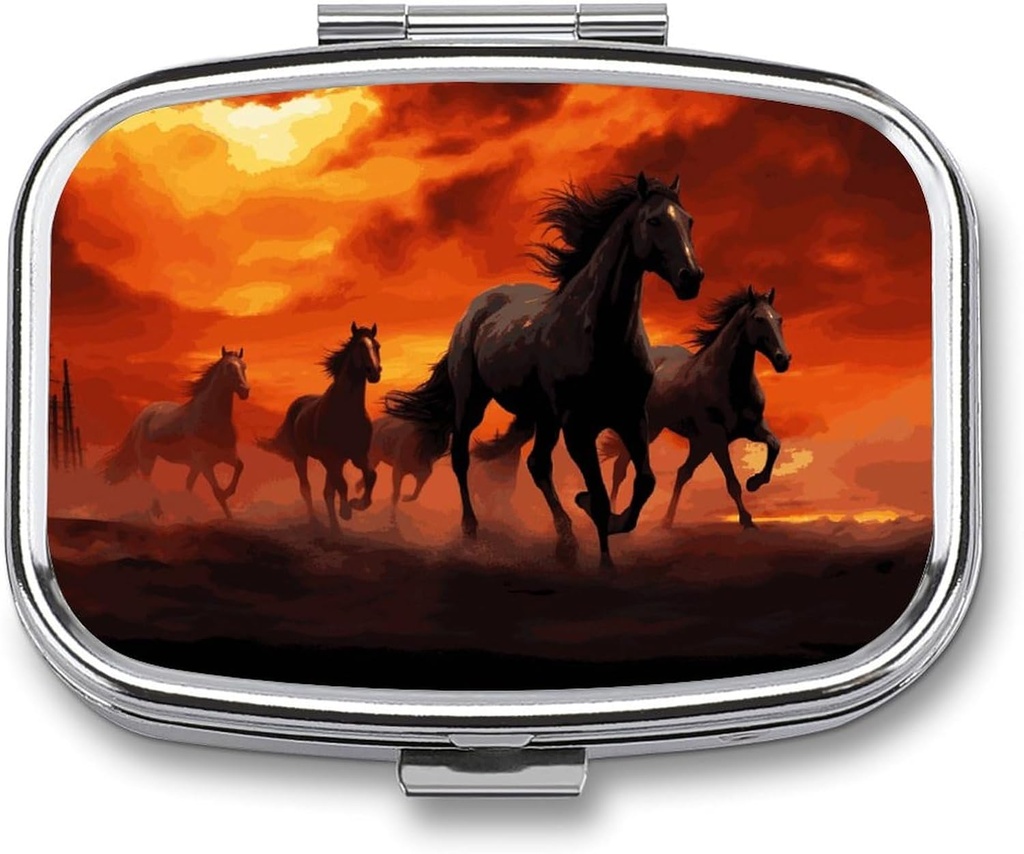 Horses Red Glowing Clouds Square Pill Box, 2 השוואתי מדפסת גלולות Pocket Box for Pocket Or Purse Portable Mini Travel Medicine Tablet ויטמין Holder