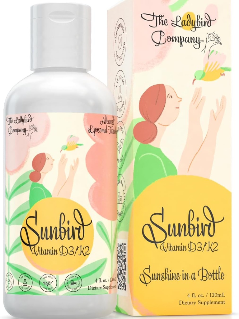 Sunbird Liposomal נוזל ויטמין D עבור נשים - Premium ויטמין D3 ו-K2 עבור Menopause, פוריות, הריון ועצם בריאות - סוכר חינם, צמחוני, ויטמין D3 עם K2, מיוצר בארה"ב
