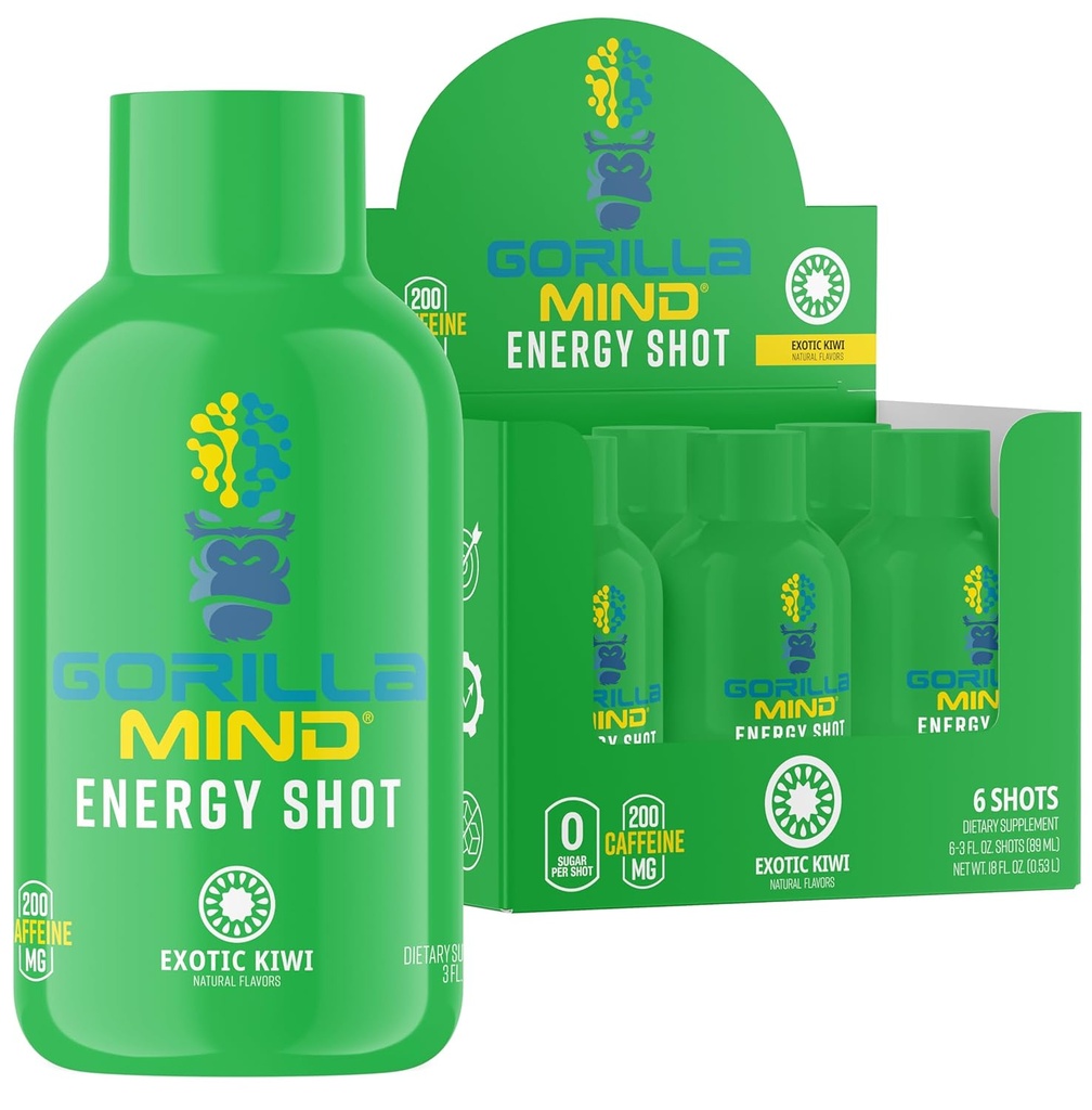 Gorilla Mind Energy Shots (Pack of 6) - Enhanced Focus & Energy, Sugar-Free, Fast-Acting, פוטנט פורמולה עם ויטמינים ופלטים טבעיים (Exotic Ki)