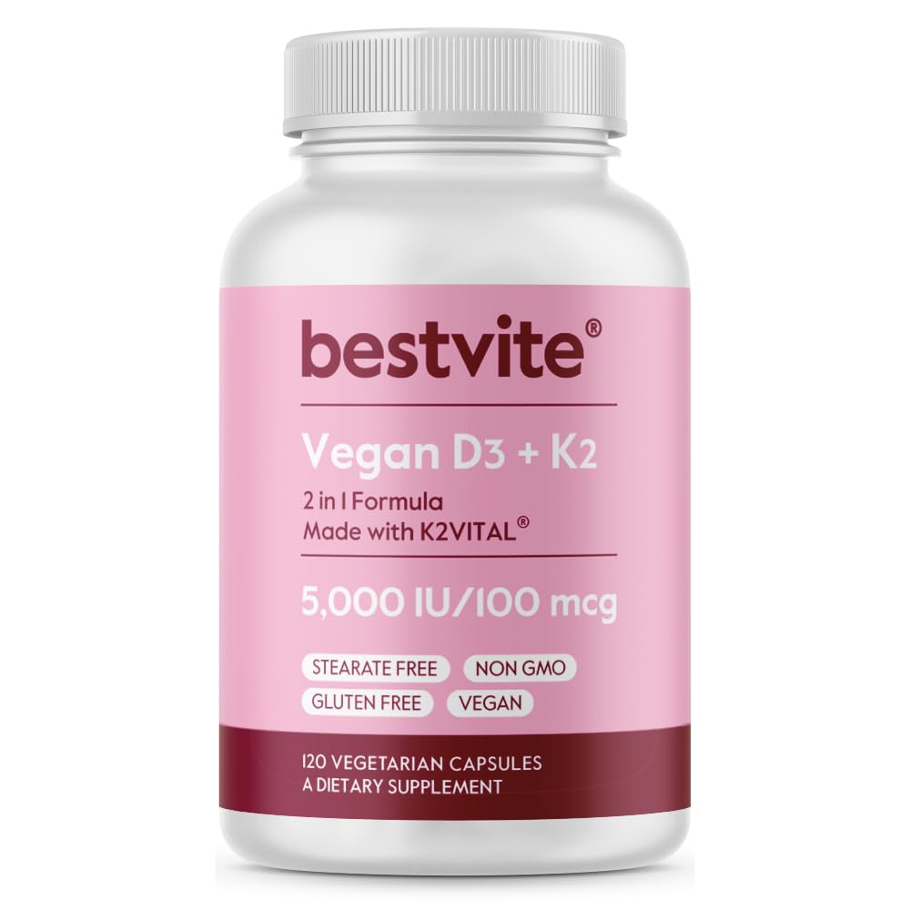 ויטמין D3 5000 IU + ויטמין K2 100 mcg כמו MK-7 (120 קפסולות צמחוניות) - No Stearates - טבעוני - Non GMO - Gluten Free Gluten Free