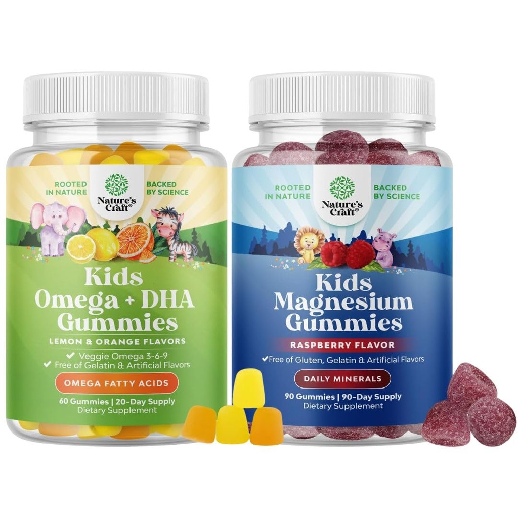 Bundle של אומגה DHA חניכיים לילדים - Fatty Acids אומגה 3 6 9 עם ויטמין C עבור המוח, Immunity & Vision ו Kids Magnesium Gummies - Mag Citrate for Nerve Health השרירים & בריאות הלב