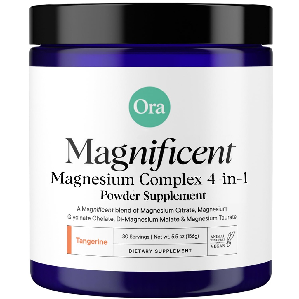 Ora Organic Magnesium Complex אבקת תוסף - 4in-1 Magnesium: Glycinate, Turate, Malate & Citrate | טבעוני, Gluten-Free | Tangerine Flavor | תמיכה מהירה לשינה, מתח ושרירים