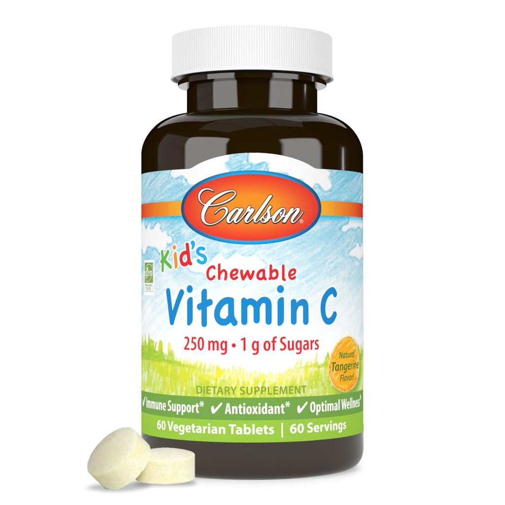 קרלסון - ויטמין C, 250 מ"ג של הילד, 1 גרם של סוכרים, Immune Support & Optimal Wellness, Antioxidant, Tangerine, 60 טבליות Vegetarian