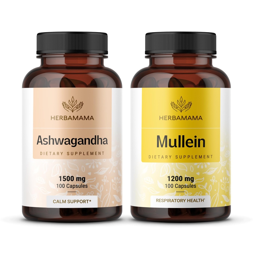 HERBAMAMA Ashwagandha ו- Mullein Kit - Bundle של 1500 מ"ג Ashwagandha Root & 1200 מ"ג מולליין 100 Caps - טבעוני, non-GMO, סוכר ואלכוהול חינם - 2 Pack Packdha Root & 1200 מ"ג מולליין Leaf קפסולות 100 Caps - טבעוני, Non-GMO, סוכר ואלכוהול - 2 Pack
