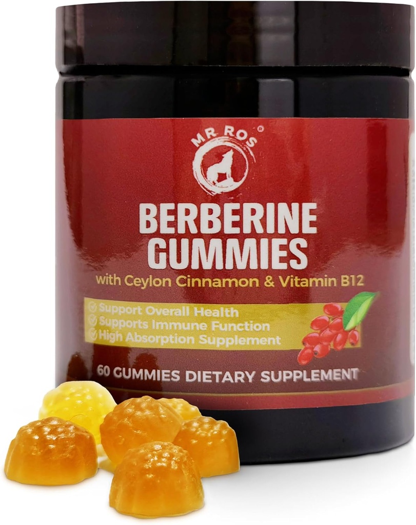 Premium Berberine Gummies 1500 מ"ג - תמיכה במטבוליזם ללא סוכר עם Ceylon Cinnamon, Chromi, Magnesium, Zinc & B12-60 Count