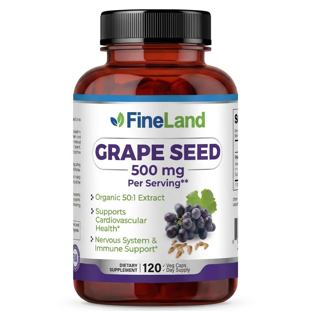 FineLand Grape Seed לחלץ 50:1 - 25,000 מ"ג שווה לקפסולה - 120 קפסולות טבעוניות - עשיר באנטיoxidants