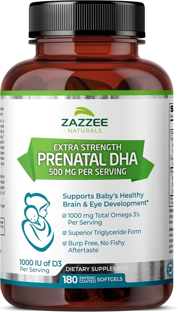 Zazzee תוספת כוח טרום לידתי DHA 500 מ"ג, 180 קוטיק Coated Softgels, 1000 מ"ג אומגה 3, 1000 UI ויטמין D3, Burp חינם, No Fishy Aftertaste, העליון Triglyceride טופס, Purified Deep Sea Fish שמן שמן דגים שמן דגים שמן דגים