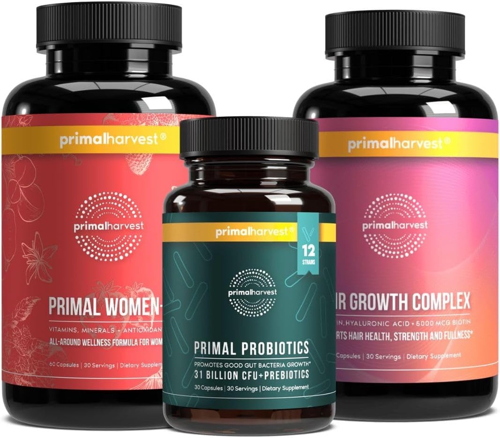 בונקר נשים - 30 יום אספקה: נשים + Multivitamin, Primal Hair Support, and Primal Probiotic for Women's Health and Vitality