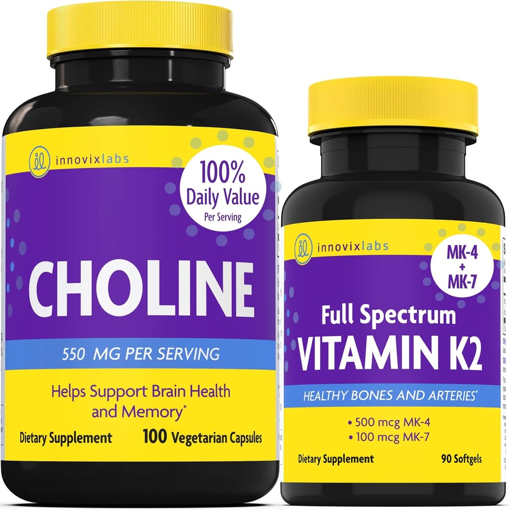 InnovixLabs Choline & ויטמין K2 Bundle Choline Bitartrate 550 מ"ג (100 קפסולות) ויטמין C2 (90 Softgels). תמיכה בזיכרון, Mood, Brain Health & Boost Cognitive