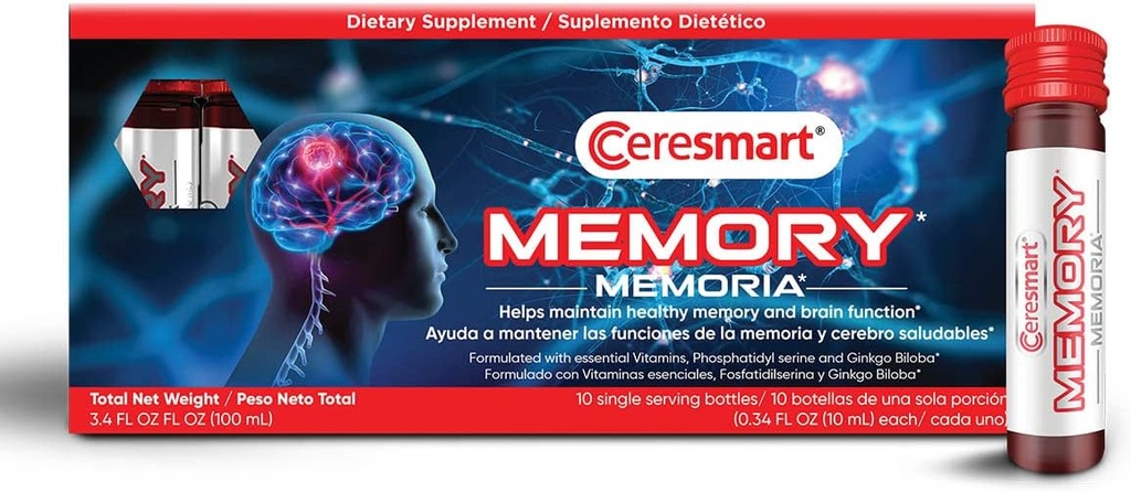 תוסף זיכרון חכם למוח - 10Pack Brain Boost Shots - תוספי זיכרון לשתייה עם גינקו בילובה, ויטמינים - תוספי המוח עבור זיכרון ומקדו, תפקודי המוח הרגילים