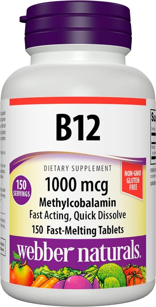 Webber Naturals ויטמין B12 1000 mcg, 150 Count, Fast Dissolve Tablets, ויטמין תוסף תמיכה עבור אנרגיה מטבוליזם, Immune ובריאות הלב, פורמולה צמחונית, 150 יום אספקה