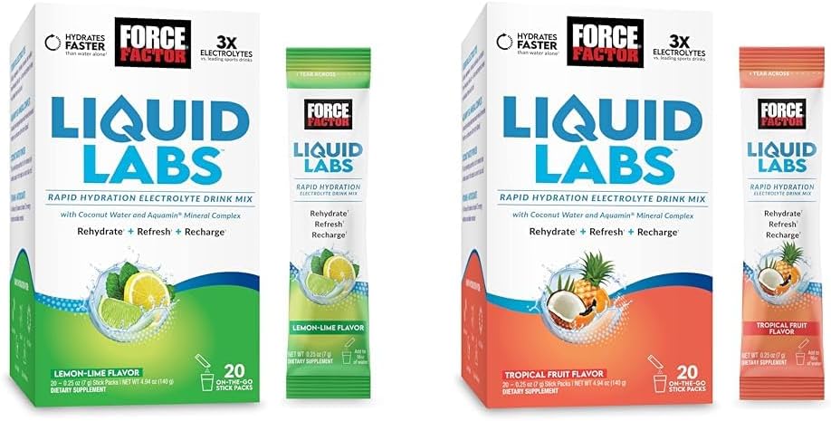 Bundle של ForCE FACTOR נוזלי מעבדה אלקטרוליטית אבקה, hydrotion Packets כדי להפוך מים אלקטרוליטיים עם ויטמינים, מינרלים ואנטיoxidants. Lemon-Lime Flavor + Tropical Fruitor, 40 Stick Packs