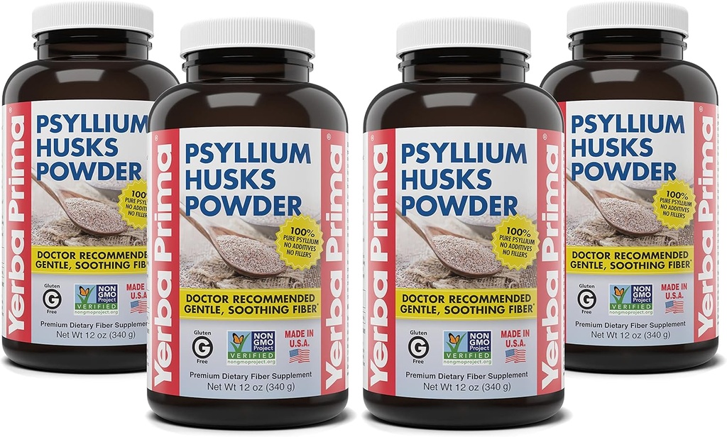 Yerba Prima Psyllium Husks אבקת - 12 oz (Pack of 4) - תוסף סיבים טבעיים - ניקוי קולני - Gut בריאות - טבעוני, Non-GMO, Gluten-Free ( תווית חדשה - Packaging May Vary)