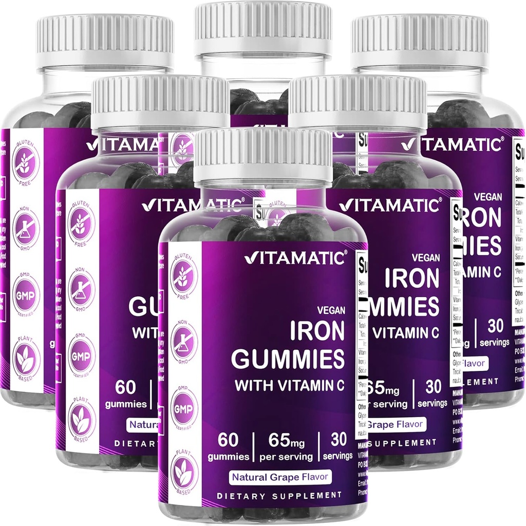 Vitamatic Iron 65 מ"ג חניכיים תוספת לנשים וגברים - 60 חניכיים טבעוניות - Great Tasting Iron Gummy ויטמינים עם ויטמין C (6)