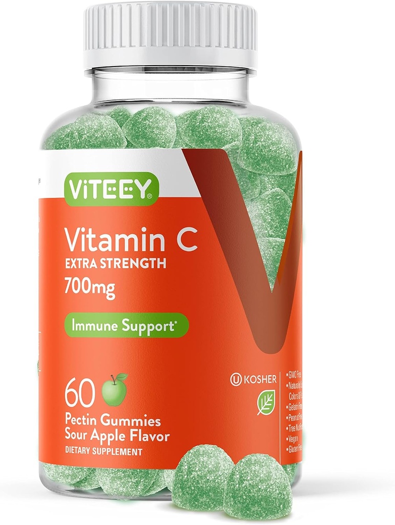Viteey Chewable ויטמין C Gummies למבוגרים - 700 מ"ג תוספת כוח תוספת תוספת תוספת תוספת תוספת תוספת תוספת תוספת תוספת תוספת תוספת תוספת תוספת תוסף - טבעוני, גלטן חינם - 60 הרוזן