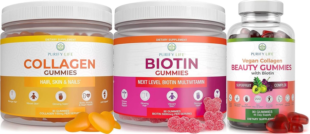 Purify Life Marine Collagen, Biotin, & Vegan Collagen Bundle, חניכיים לעור שיער וציפורים (Bulk - 90 Chews), ויטמין טיפול משותף, תמיכה במזל, יופי, Detox & ניקויse, Replace כמוסות, גלולות