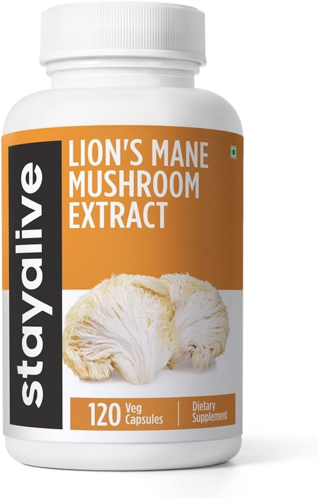 STAY ALIVE Lions Mane תוספת קפסולות 1000 מ"ג, 30:1 לחלץ w/Betata Glucans, 100% פרי הגוף, אבקת אריות טהור עבור גברים ונשים, 120 גלולות, non-GMO & Gluten-Free Mushroom