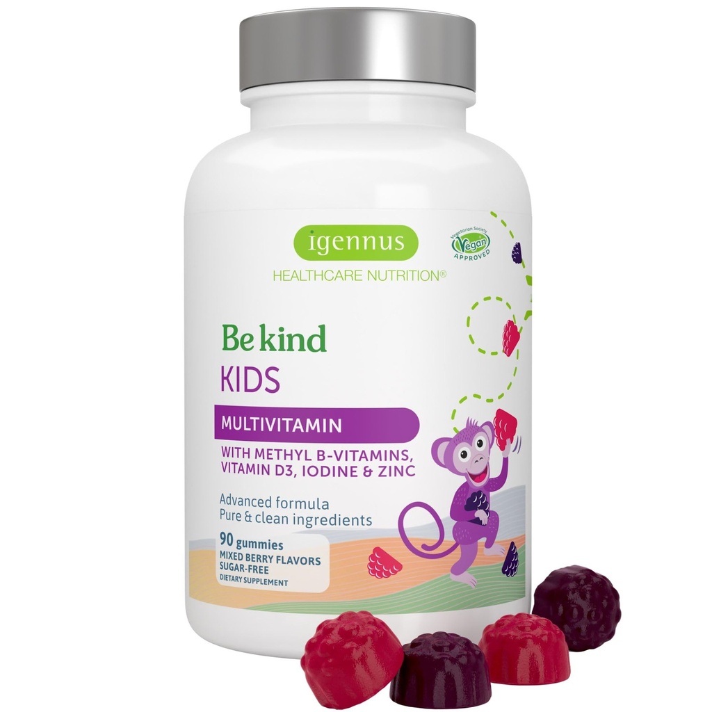 Igennus Methylated Kids Multivitamin Gummy, MTHFR, No Artificial Sweeteners or Flavors, Sugar Free, Age 4, 90 Natural ברי פלפור מגלולה פירות, non-GMO, Halal, תווית נקייה