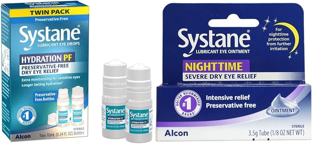 Systane hydrotion Multi-Dose Preservative-Free Eye Drops Dry Eye Relief Pack (2x10 מ"ל) & Nighttime Lubricant Eye Ointment 3.5g Tube