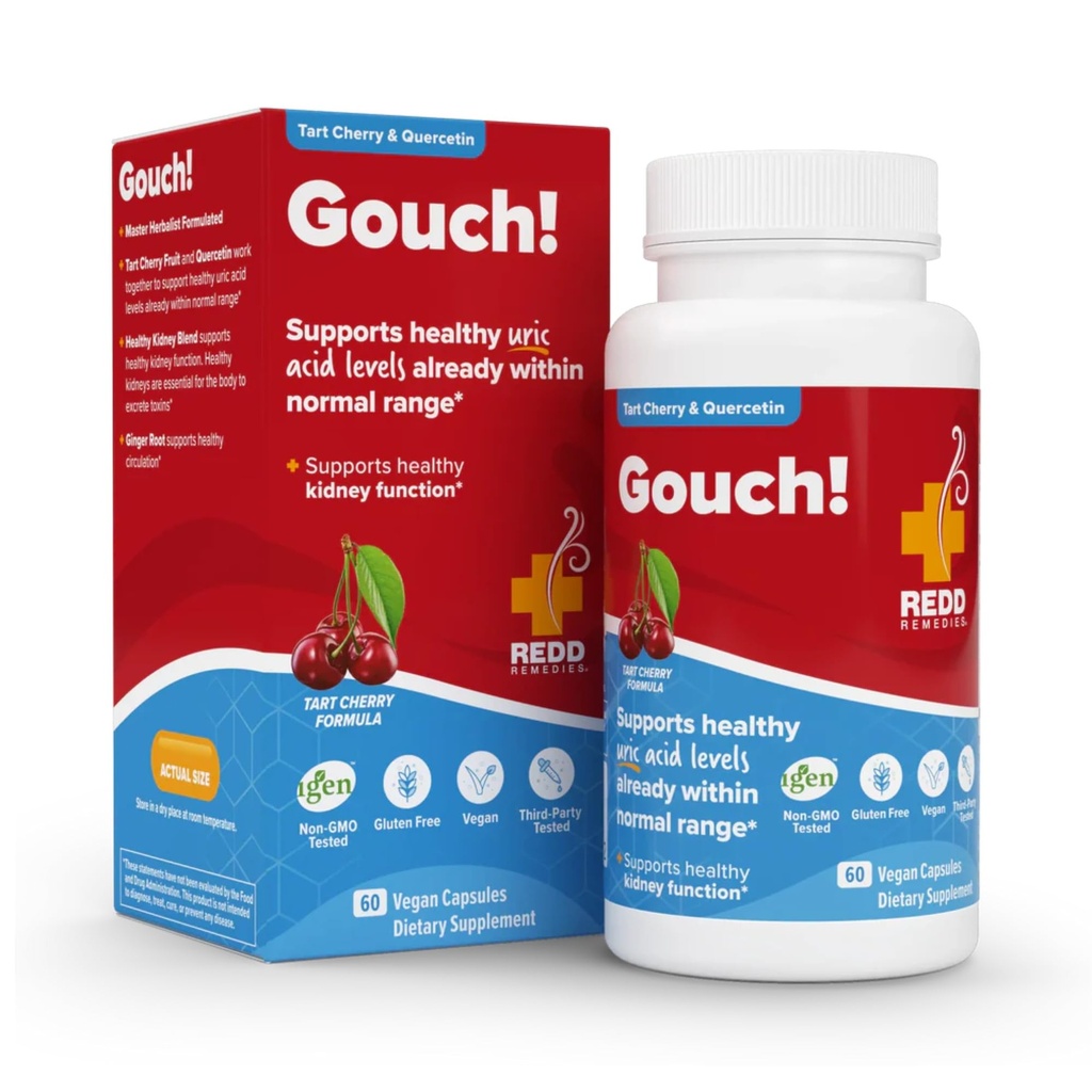 Redd Remedies, Gouch!, תוספת תמיכה עבור מפרקים ו Uric Acid רמות, מעודד תגובה דלקתית בריאה, Tart Cherry & Quercetin, 60 קפסולות טבעוניות