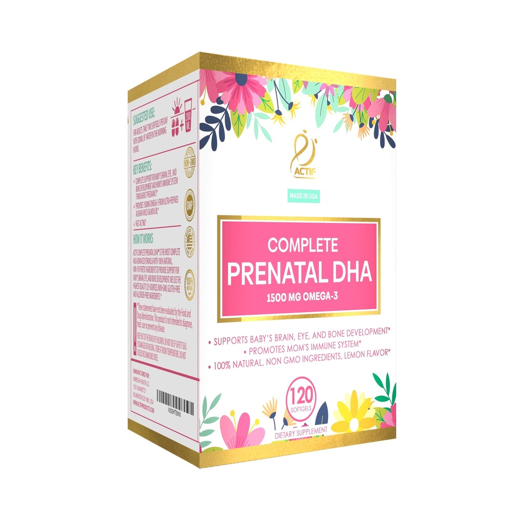 Actif Complete Prenatal DHA עם 1500 מ"ג אומגה 3, 100% טבעי, אורגני DHA, EPA, אומגה 3 - non-GMO, 90 חניכיים