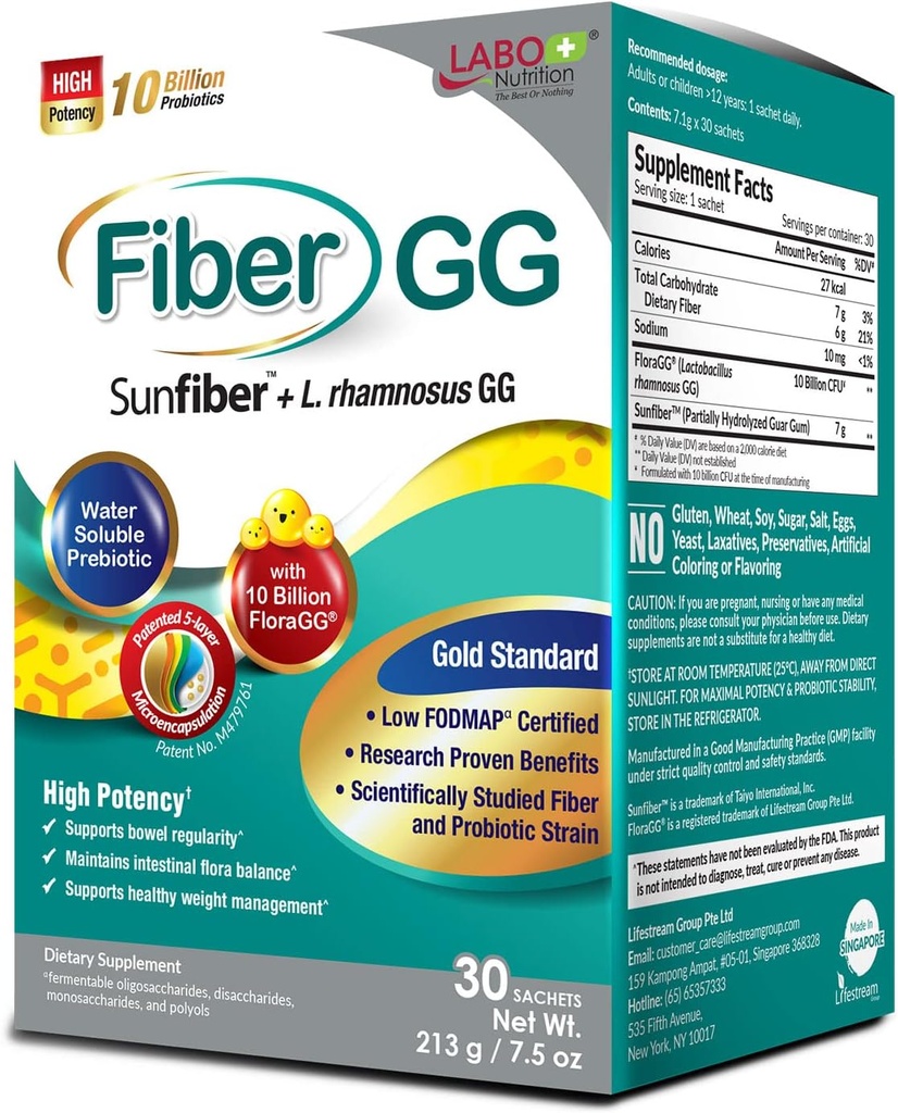 LABO Nutrition FiberGG, Lactobacillus Rhamnosus GG 10 Billion CFU Active Probiotics and 7g Sunfiber Prebiotic Fiber Supplement, Support Healthy Intestinal, Immune Health, Gluten Free, 30 Sachets