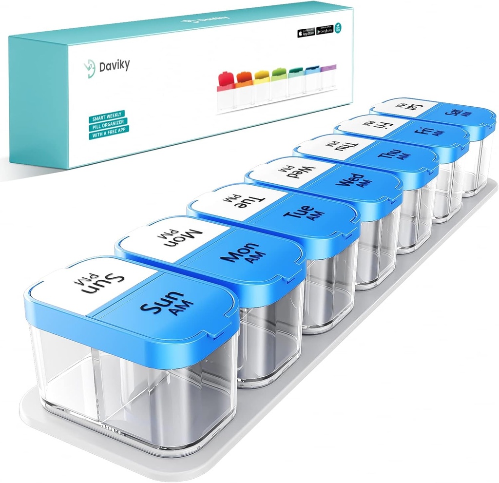 Daviky Large Pill מארגנת 2 פעמים ביום - XL Pill Box 7 Day, Big ויטמין Holder עם 7 Detachable AM/PM השוואתיות, תוסף גדול המכיל לשימוש שבועי או יומי (כחול)
