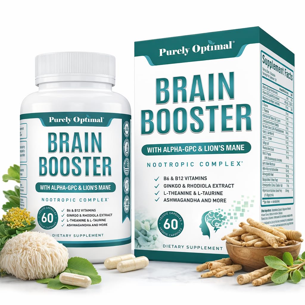 Purely Optimal Brain Booster Nootropic תוסף - תמיכה במוח עבור זיכרון, פוקוס, קלרנס, Jitter-Free אנרגיה למבוגרים, מבוגרים - עם גינקו בילובה, Alpha GPC, Lion's Mane - 60 קפסולות