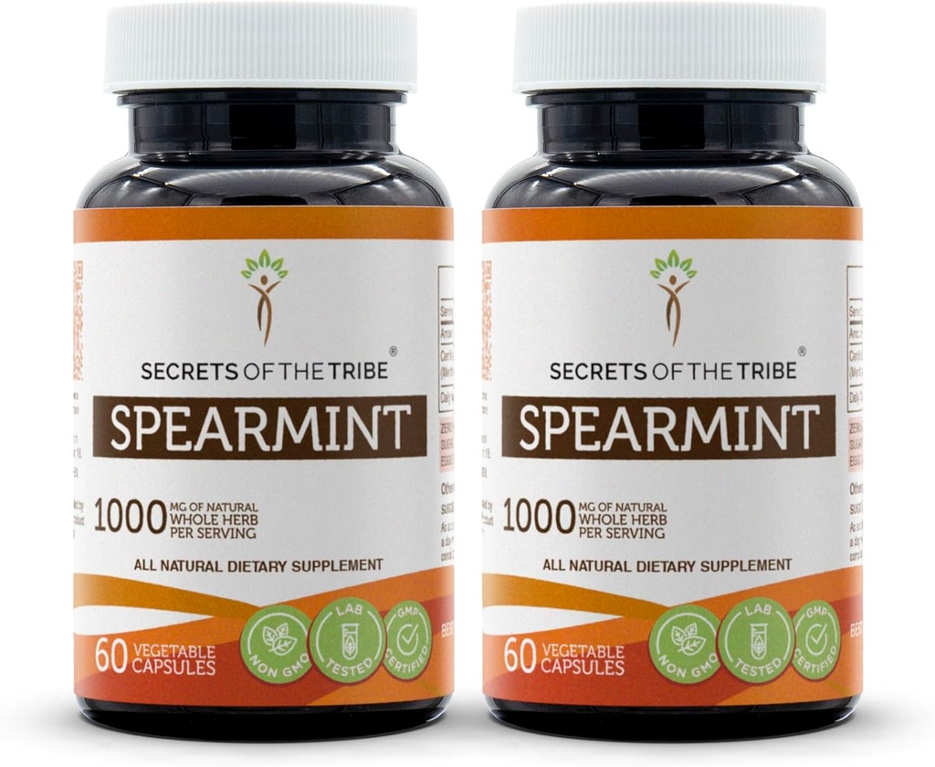 סודות השבט Spearmint קפסולות 1000 מ"ג Spearmint (Mentha spicata) Dried Leaf, תוספת תמיכה הורמונלית של נשים (2x60 קפסולות)
