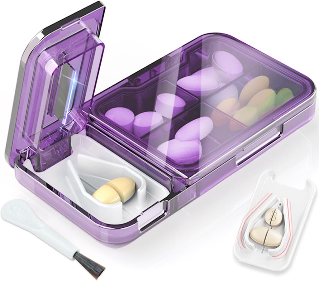 גלולת גלולות קטנות או קטנות 2-in-1 Travel Pill Box & Pill Splitter - נפח גדול של 4 השוואת גלולות - Detachable nonslip V-Shaped Pad. Wrap-Around Blade Guard (Purple)