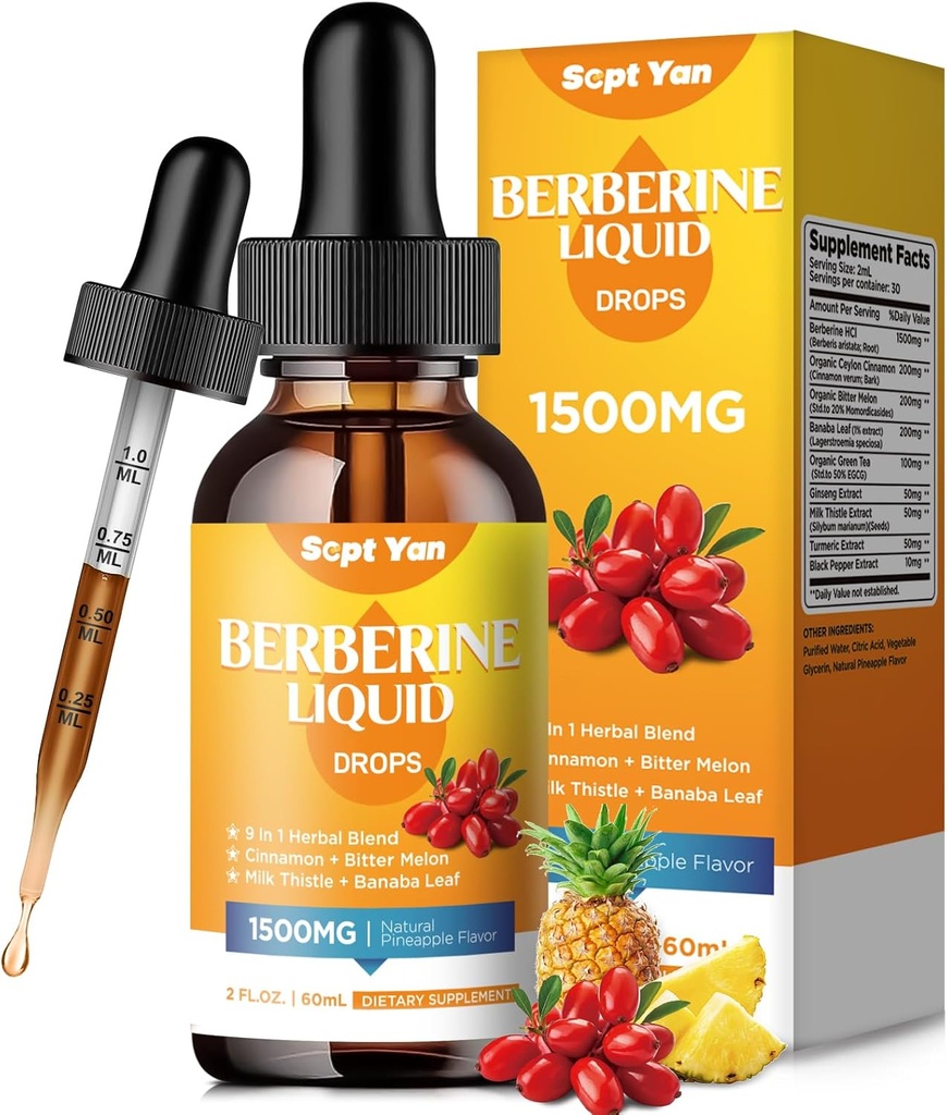 Berberine תוספת נוזל טיפות- Berberine 1500 מ"ג עם Ceylon Cinnamon, Bitter Melon, Banaba Leaf, Turmeric for Immune, Digest, Heart Support, Natural Pineapple Flavor, 2 Fl Oz Oz