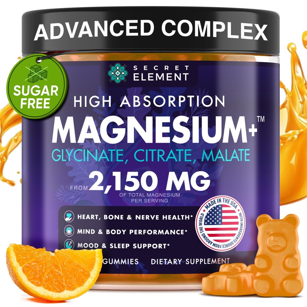 Magnesium Glycinate 2150MG חניכיים לנשים וגברים, High Absorption Magnesium Glycinate, Citrate, Malate Gummies for Adults & Kids, Sleep Support, Sugar Free, Vegan, 60 Chews, Orange Orange Orange