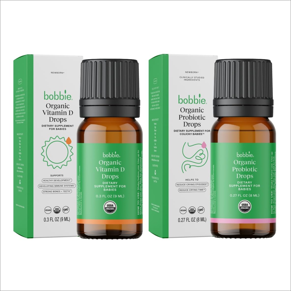 Bobbie אורגני Baby ויטמין D ו Probiotic Drops Bundle, תוספי מזון נוזלי יומי עבור Immune, שיניים, העצם ו- Digestive בריאות תמיכה בתינוקות ותינוקות, טבעוני, לידה, ידידותי פורמולה