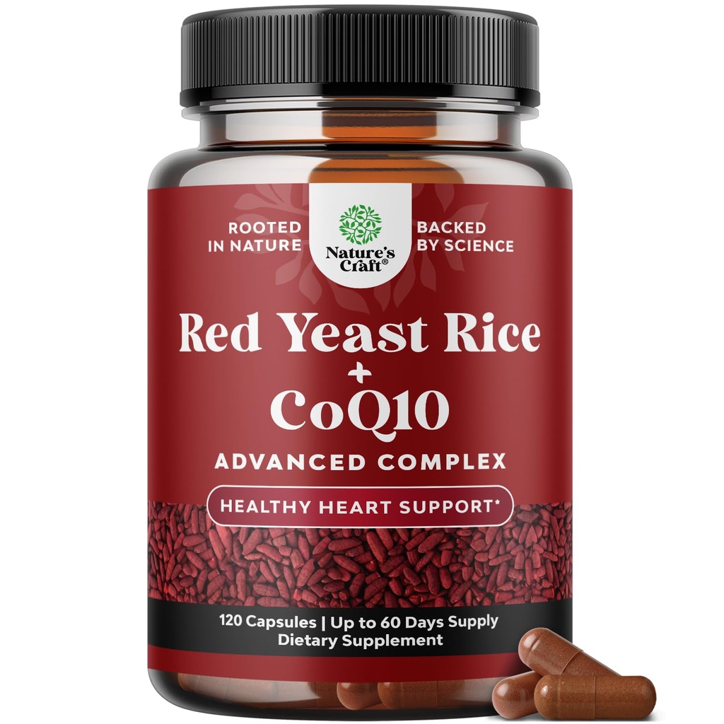 Red Yeast Rice עם תוסף CoQ10 - Advanced Healthy Heart & Healthy Cholesterol רמות פורמולה לגברים ונשים - קפסולת כוח נוספת עם Red Yeast רייס 1200 מ"ג קפסולות עם CoQ10-120 Count