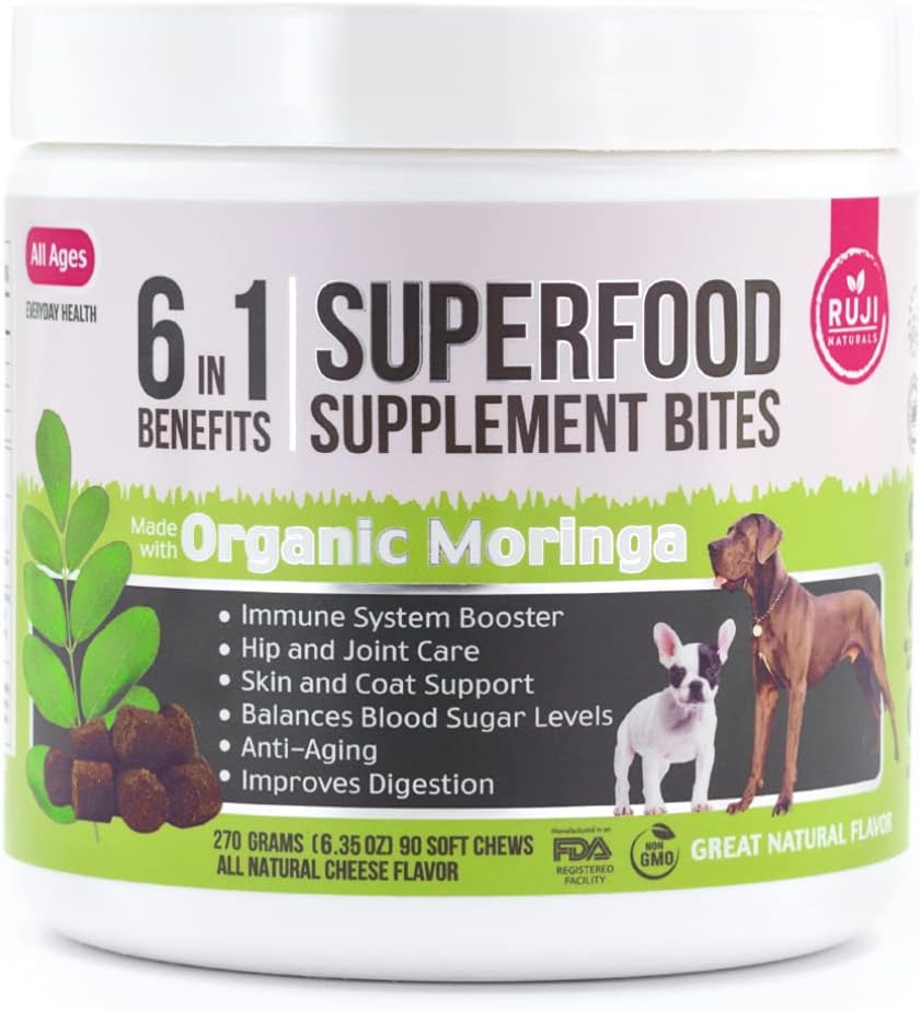 6 ב 1 Superfood כלב תוספת עם אורגני Moringa | טיפול עבור מערכת החיסון והבריאות הכללית | חיות מחמד All Natural Multivitamins - 90 Chews
