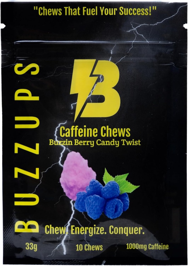 BuzzUps Caffeine Gummies - 100mg Caffeine permy, Buzzin Berry Flavor, Energy Boost for Sports, Gaming, Running, Cycling, Focus, Endurance (10 מסטיקים, 1 Pack)
