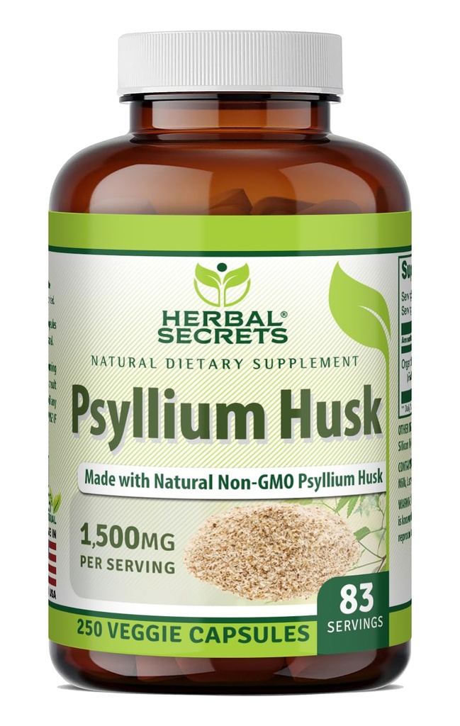 Herbal Secrets Psyllium Husk תוסף | 500 Mg | 250 Veggie קפסולות | Non-GMO | Gluten Free | Made in USA