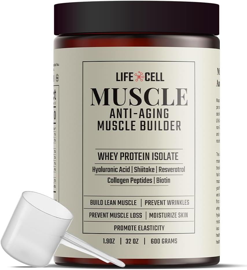LifeCell Whey חלבונים - Anti-Aging שריר בונה עם Shiitake Mushroom, Collagen & Hyaluronic Acid - Unflavored, No Sugar נוסף, Soy-Free, Gluten-Free, 600g (18שרתים)