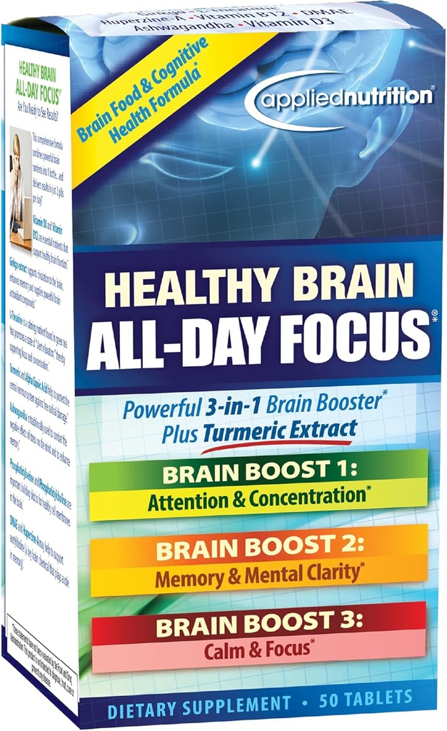 Applied Nutrition Healthy Brain All-Day Focus - 50 טבליות - Powerful 3-in-1 Brain Booster with Turmeric Extractster - 25 מנות