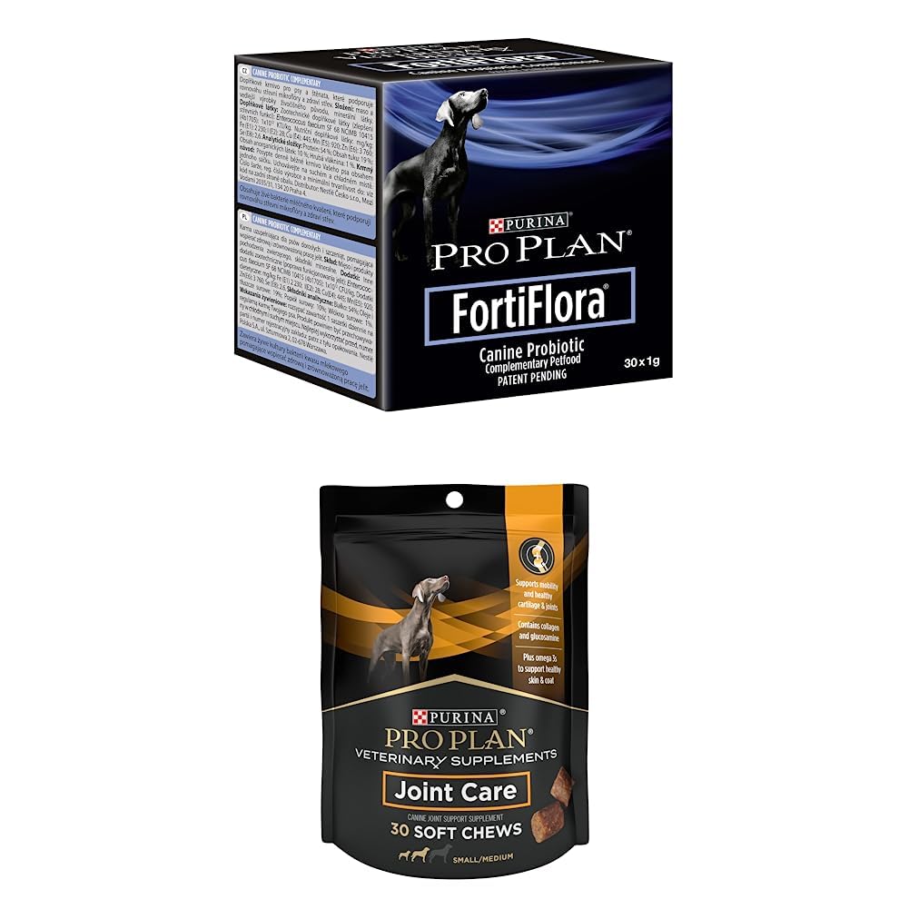 Bundle של פורינה Pro Plan Veterinary תוספי FortiFlora כלב פרוביוטיקה - 30 ct. Boxes + Purina Pro תוכנית Veterinary תוספי טיפול משותף עבור כלבים קטנים Breed היפ ו 30ct משותף 30ct.