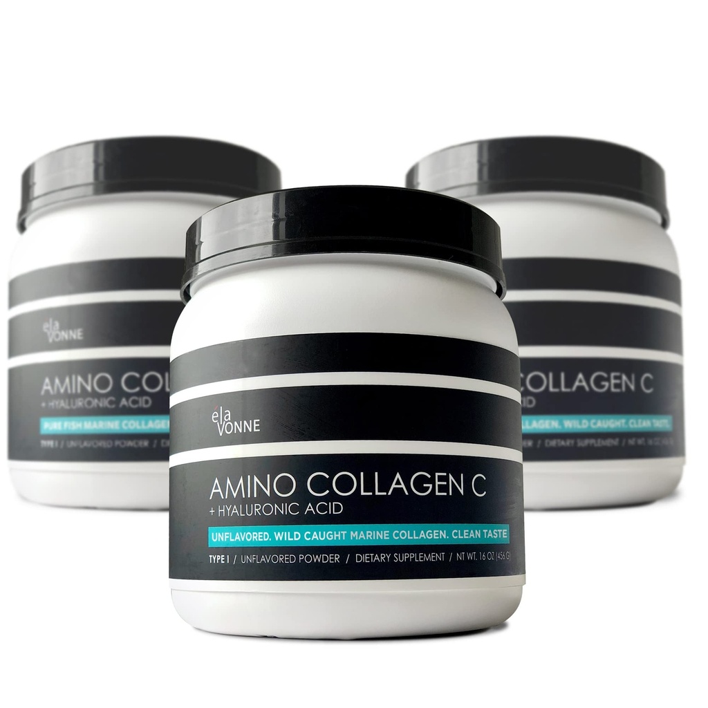 Amino Collagen C - אבקת קולג'ן (180 סקופים) - Marine Collagen Peptides + Hyaluronic Acid. לא סוכר. No Odor. non GMO. USA for Hair, Skin, Nails, Joints ו- Gut Health.