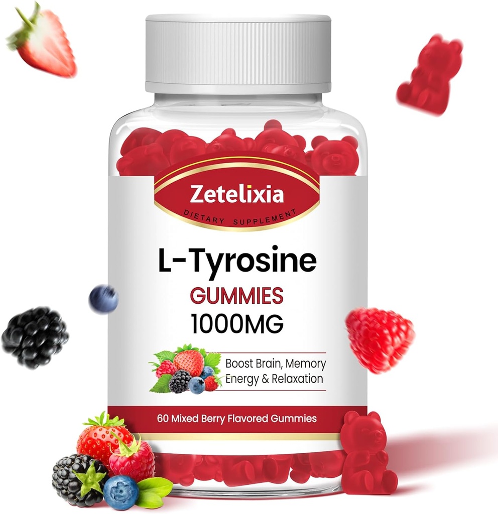 L Tyrosine Gummies 1000 מ"ג, L-theanine תוספת חניכיים 200 מ"ג,Sugar חינם L-Tyrosine עם ויטמין B6 אנרגיה תוספי עבור מבוגרים וילדים - טבעוני (60 Count)