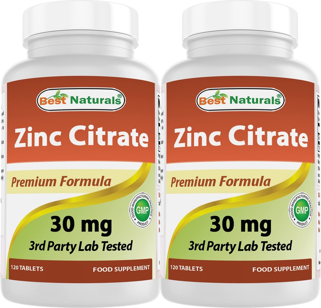 Best Naturals Zinc 30 מ"ג תוסף (כמו Zinc Citrate) - ויטמין אבץ עבור מבוגרים Immune Support - 120 טבליות (120 Count (Pack of 2))